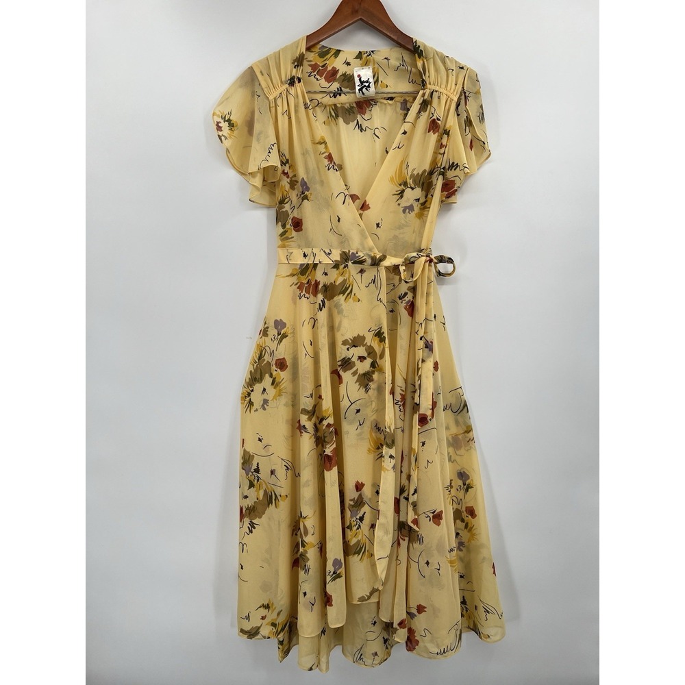 Vintage 70s Jody T of California Sheer Yellow Floral Midi Wrap Dress Size 9